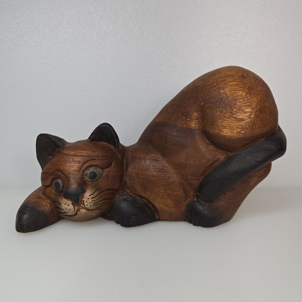 VTG Carved Wood Cat Figurine Stretching Crouching Folk Art Decor Rustic Country